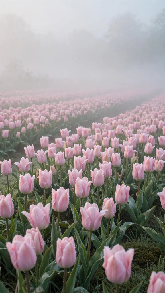 17 Dreamy wallpaper aesthetic pink pastel Ideas 4 Soft morning fog drifting over a pastel pink tulip field