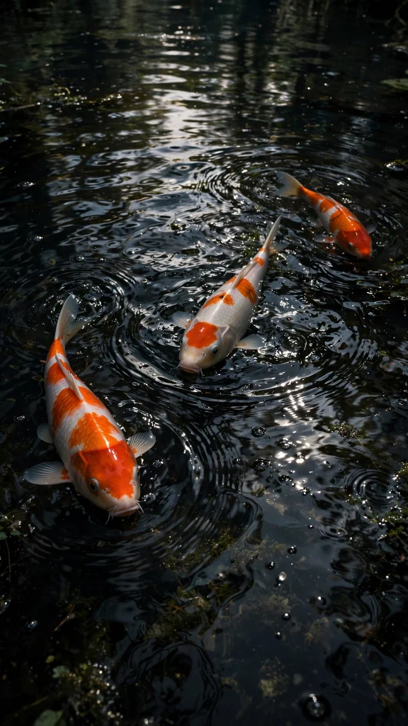 Orange and white koi fish swimming in a pond wallpaper