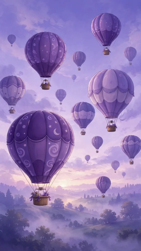 Purple hot air balloons in morning sky wallpaper