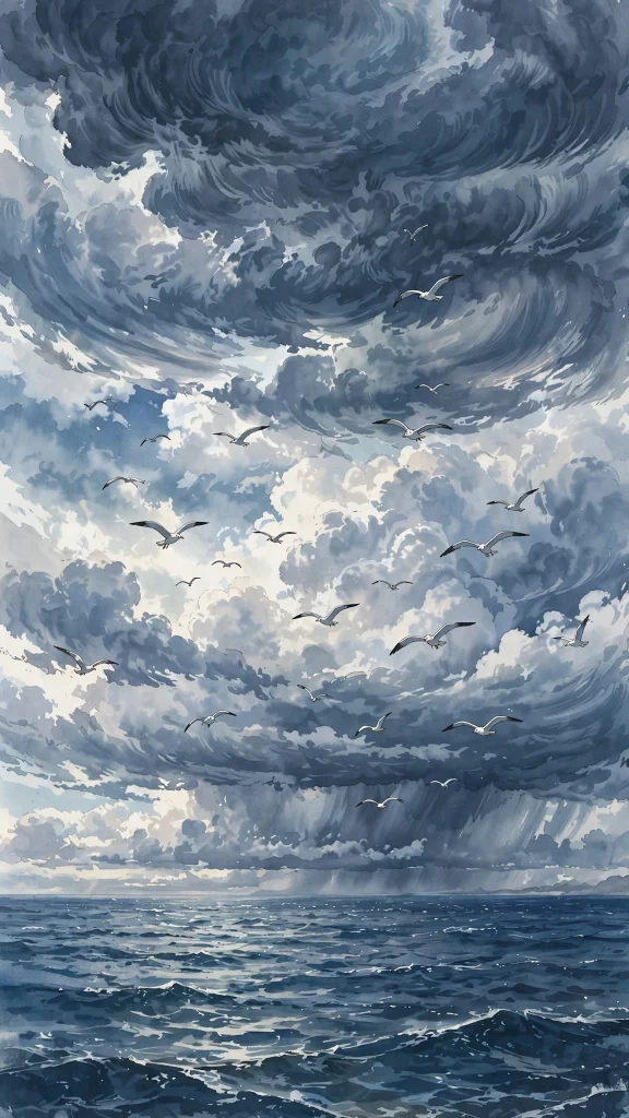 anime cloudy sky seagulls ocean one piece wallpaper