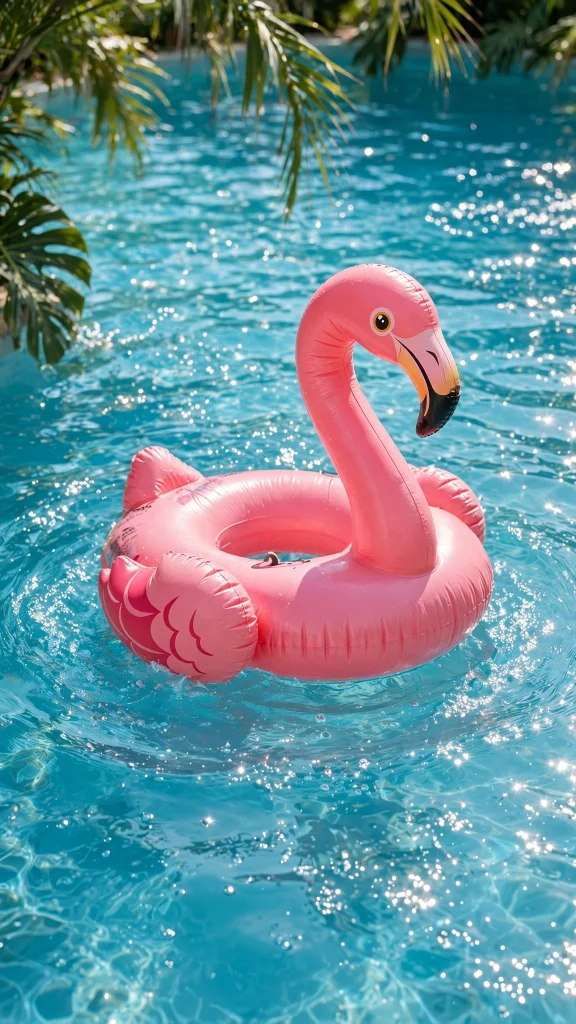 Pink flamingo pool float on sparkling water, wallpaper aesthetic summer