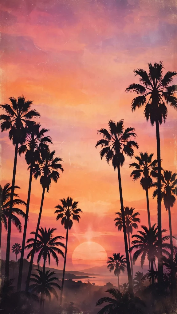 17 Best Wallpaper Aesthetic Desktop Ideas to Try 10 retro sunset aesthetic with palm silhouettes