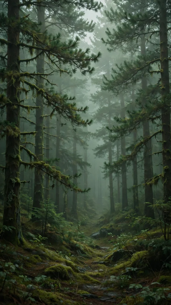 misty pine forest moody computer wallpaper
