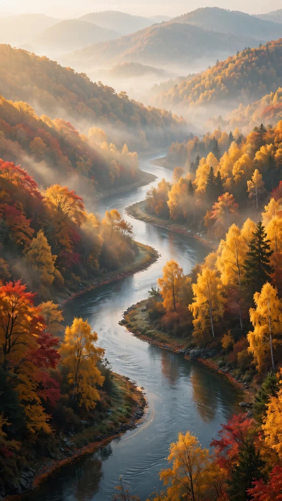 river bend winding through an autumn valley