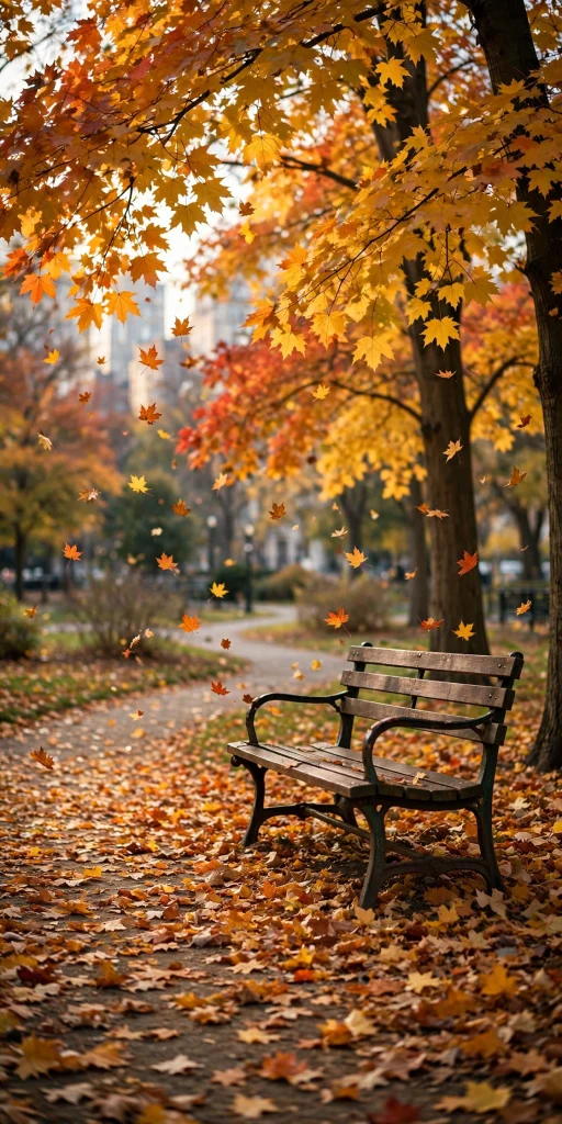 17 Cozy Wallpaper Backgrounds Fall for Autumn 15 Fall city park with a bench and falling leaves