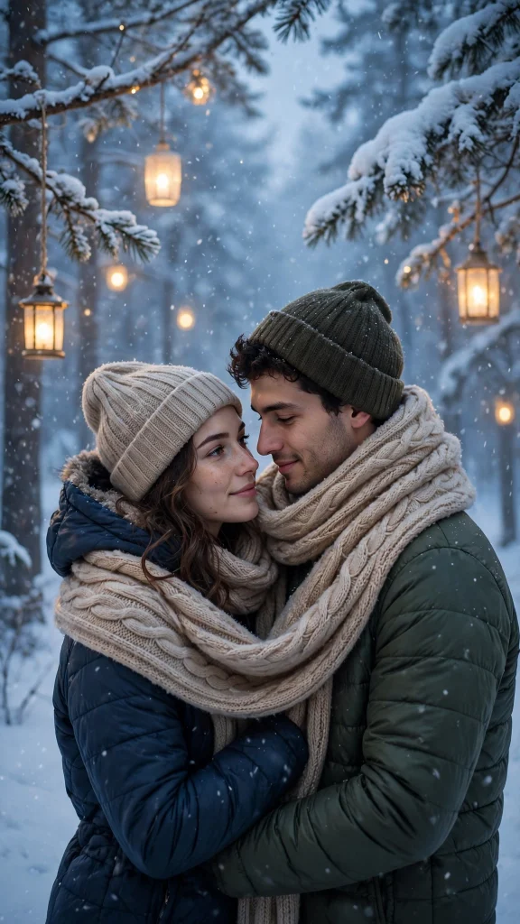 17 Best wallpaper aesthetic couple Ideas for You 17 Couple sharing one warm scarf in a snowy forest, glowing winter lantern light