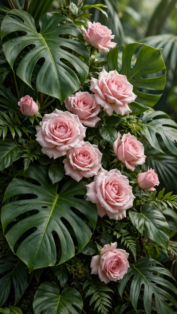 17 Fresh wallpaper pink and green for Your Phone 12 pink roses among large green monstera leaves
