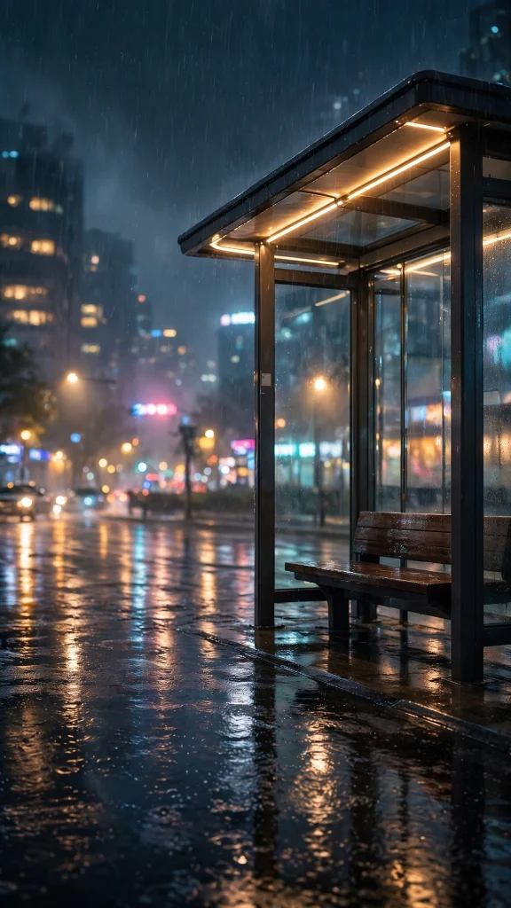 17 Best Wallpaper Iphone Kpop Ideas for Fans 8 Rainy Seoul night bus stop with glowing lights and rain reflections