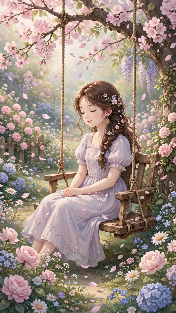 17 Best wallpaper iphone girl for Your Phone 5 Girl on a wooden swing in a blooming flower garden, dreamy pastel illustration