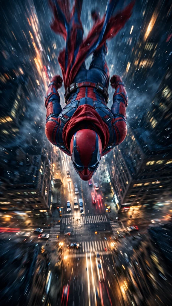 17 Cool Wallpaper Iphone Spiderman Ideas 5 Masked hero diving toward night city street with motion blur