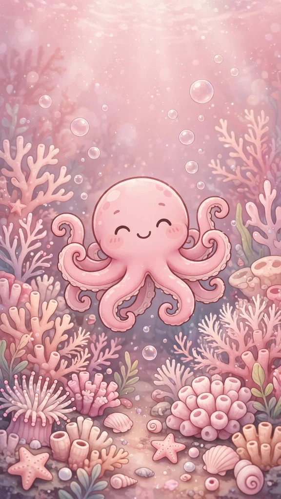 17 Cute Wallpaper Pink Lucu Ideas for Your Phone 12 Tiny pink octopus with happy closed eyes among coral