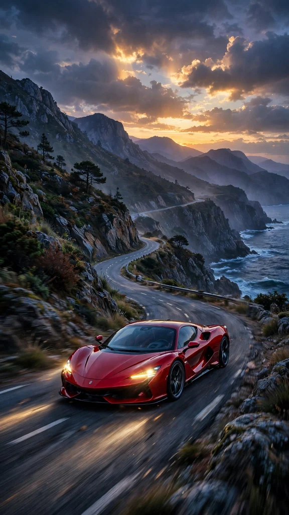 Red sports car on a scenic road at dusk