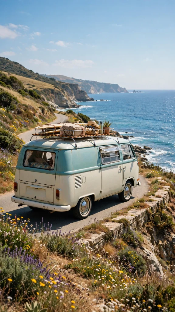 17 Wallpaper iPhone Summer Wallpapers for Sunny Phones 15 Vintage road trip van driving along a coastal road