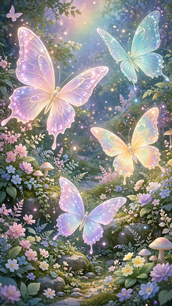 Enchanted butterfly garden with glowing butterflies