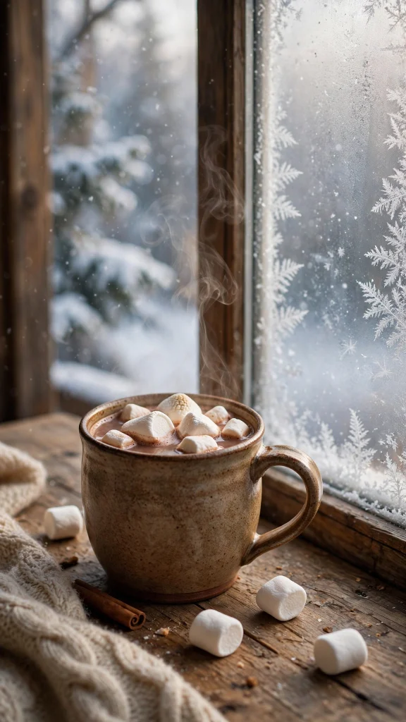 17 wallpaper iphone christmas Ideas 3 Hot cocoa with marshmallows beside a frosted window wallpaper