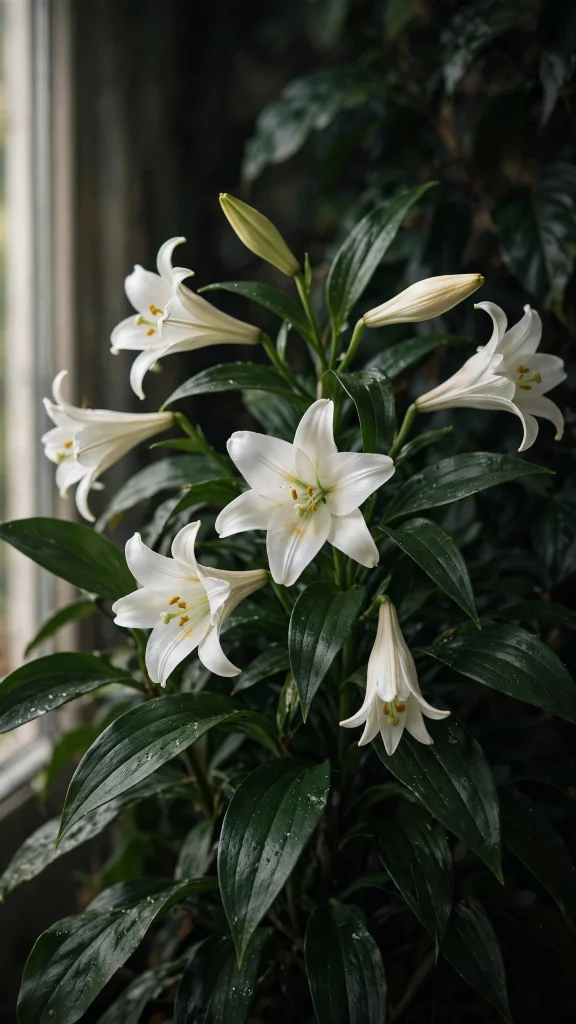 White lilies among dark green leaves wallpaper iPhone flowers