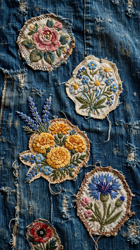 Wallpaper Backgrounds Aesthetic Vintage: 17 Retro Picks 4 Worn denim fabric with embroidered floral patches wallpaper backgrounds aesthetic vintage