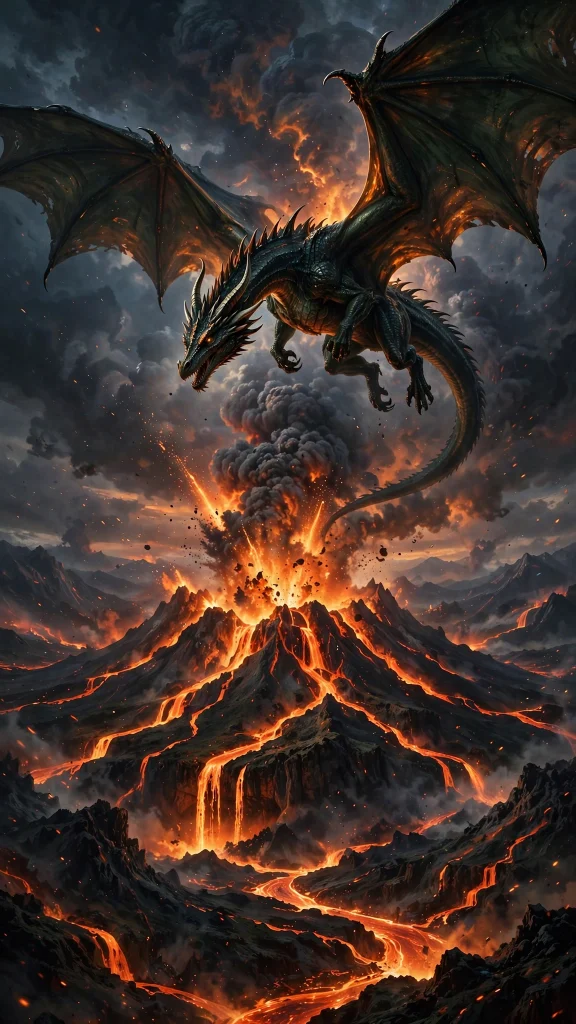 Dragon flying over volcano wallpaper