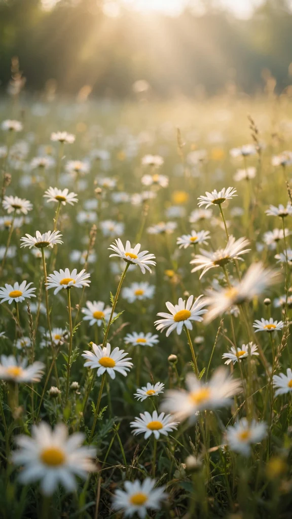 Daisy meadow in soft warm sunlight, wallpaper aesthetic summer