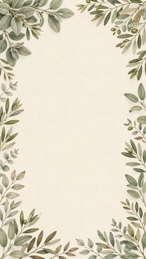 wallpaper aesthetic lock screen with pale sage leaves framing cream center