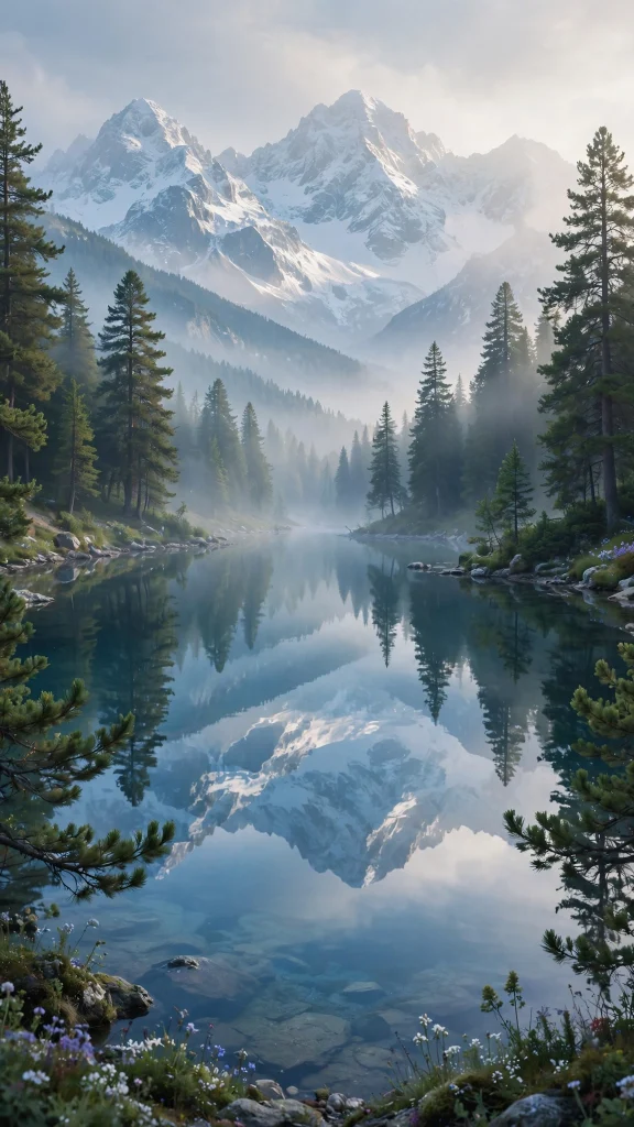alpine lake with snowy mountain peaks