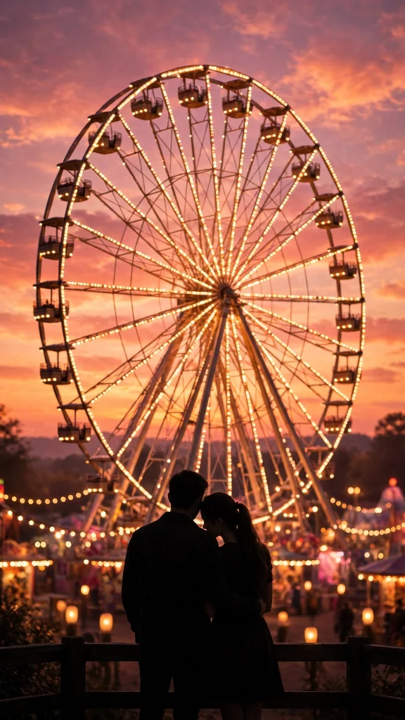 17 Best wallpaper aesthetic couple Ideas for You 5 Silhouette of a couple before a giant ferris wheel at sunset, carnival lights