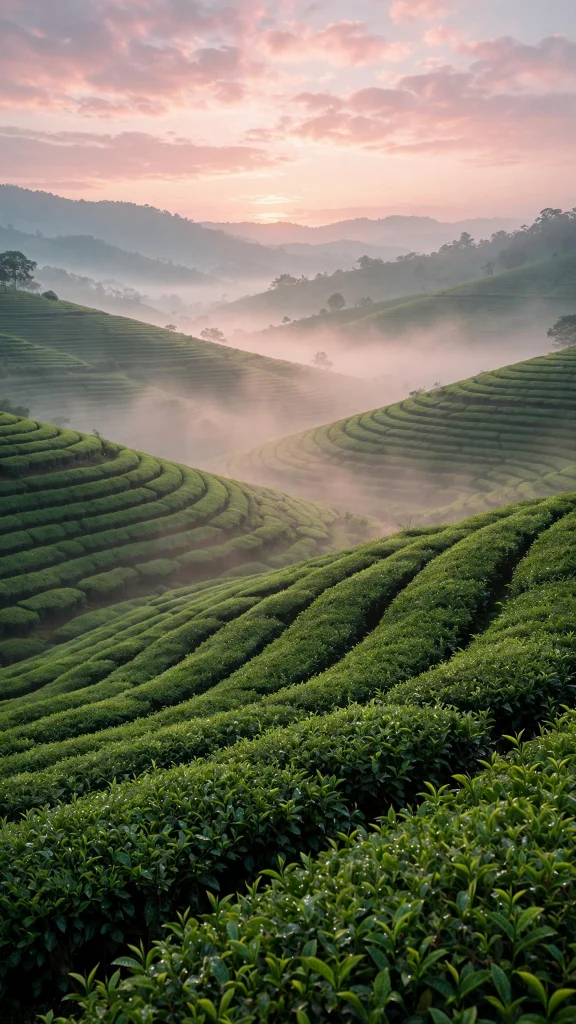 17 Fresh wallpaper pink and green for Your Phone 13 green tea field rows under a pink sunrise