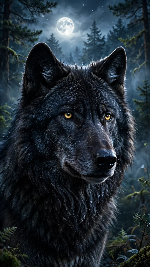 Black wolf under moonlight phone wallpaper