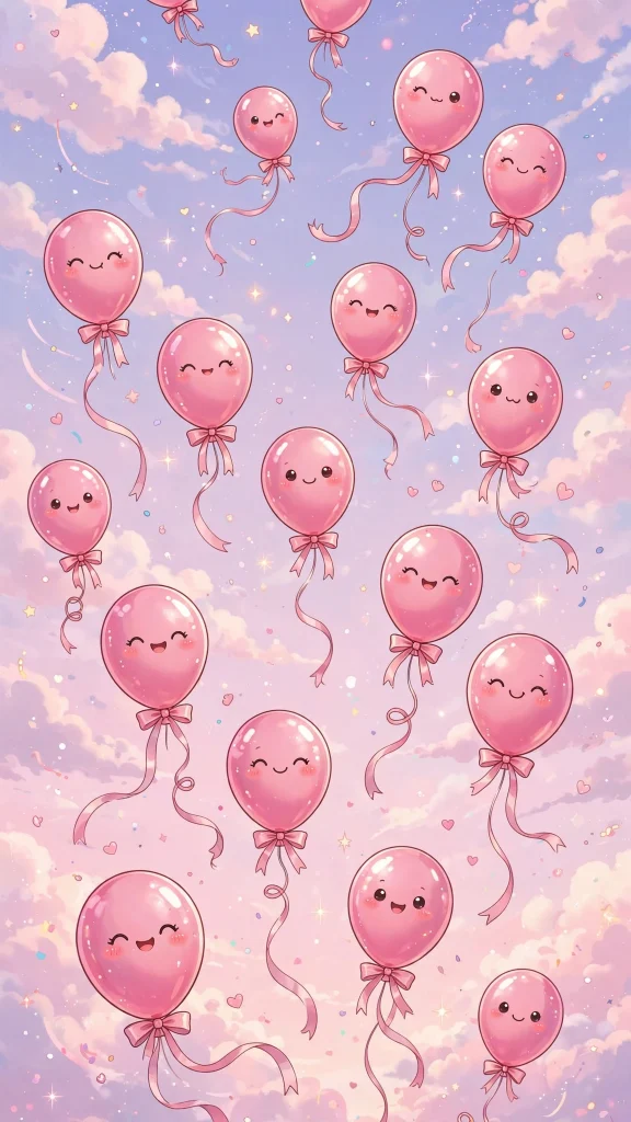 17 Cute Wallpaper Pink Lucu Ideas for Your Phone 16 Pink balloons with smiling faces floating in a pastel sky