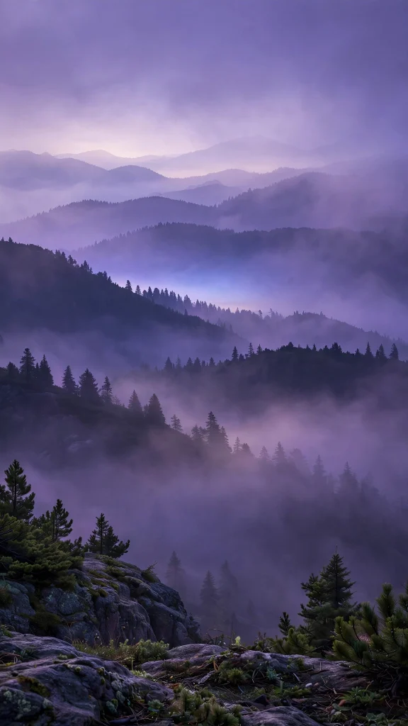 Purple misty mountains with layered ridges at dawn