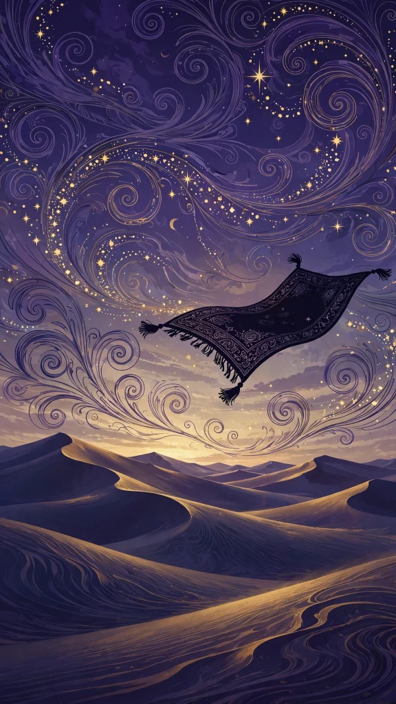 Desert dunes at dusk with a flying carpet silhouette