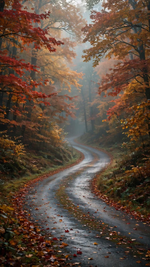 Empty road winding through a dense autumn forest