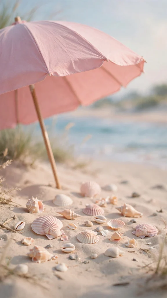 Pink beach umbrella and seashells on soft summer sand