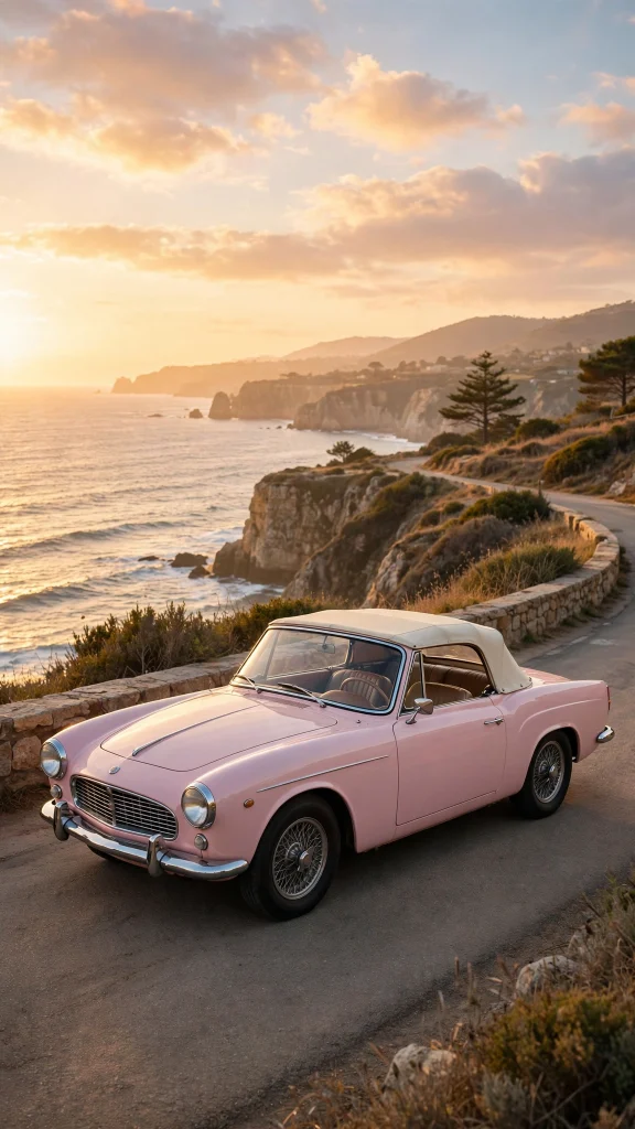 17 Dreamy wallpaper aesthetic pink pastel Ideas 15 Pastel pink vintage car on a coastal road at golden hour