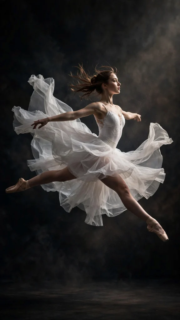 Ballerina frozen mid-leap in soft studio light wallpaper