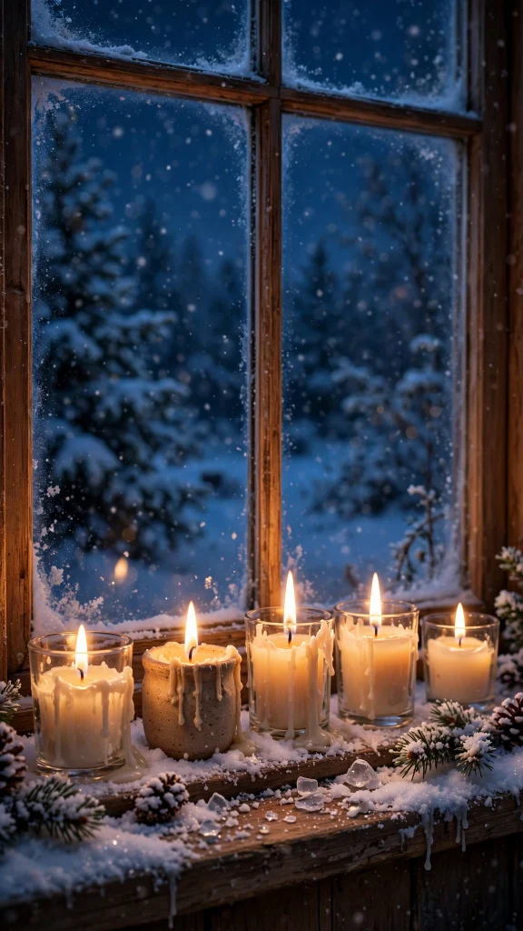 17 wallpaper iphone christmas Ideas 4 Lit Christmas candles on a snowy windowsill wallpaper