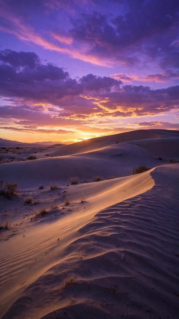 Purple sunset over desert dunes wallpaper