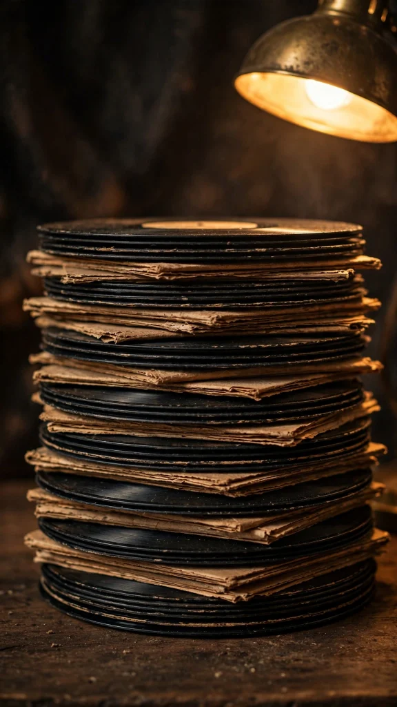 stack of vinyl records wallpaper iphone tumblr in warm lamp light