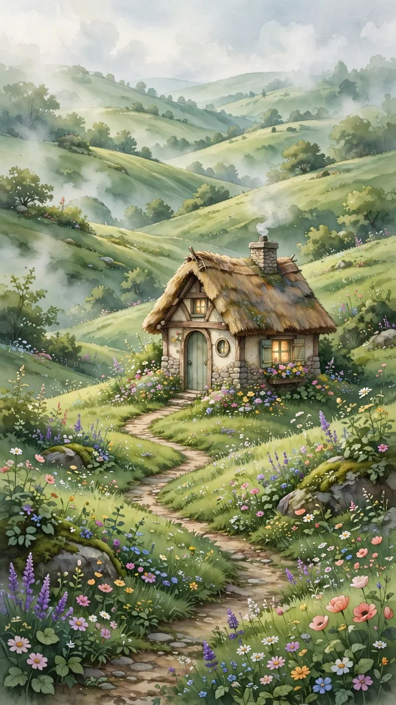storybook cottage sitting in green hills