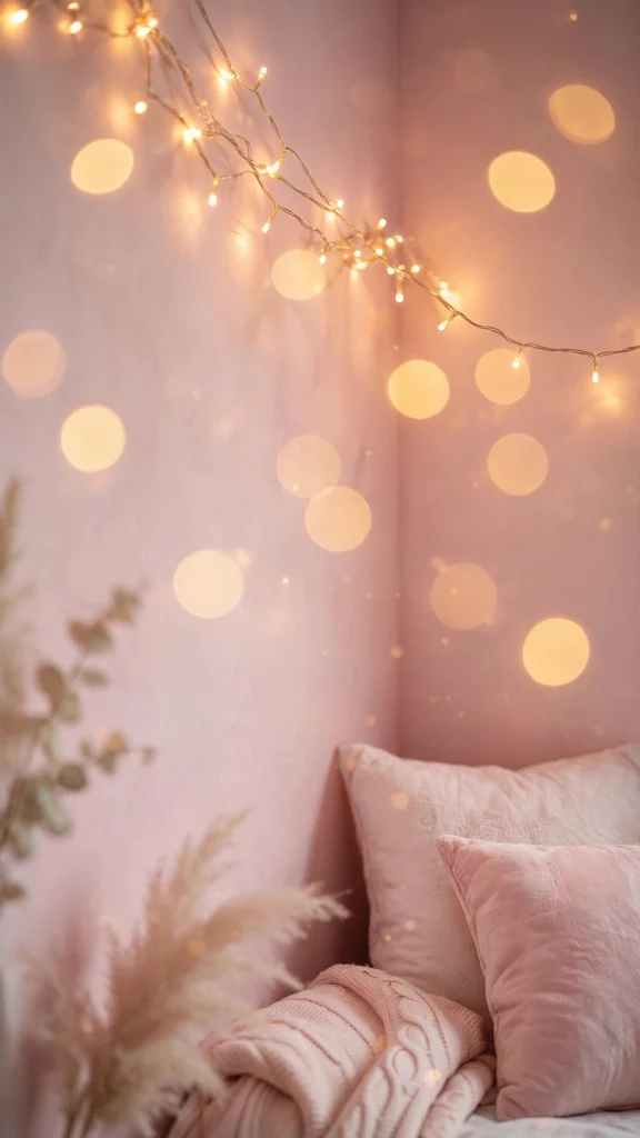 17 Wallpaper Pink Soft Aesthetic Designs You Will Love 16 Warm fairy lights glowing on a pink wall, wallpaper pink soft aesthetic
