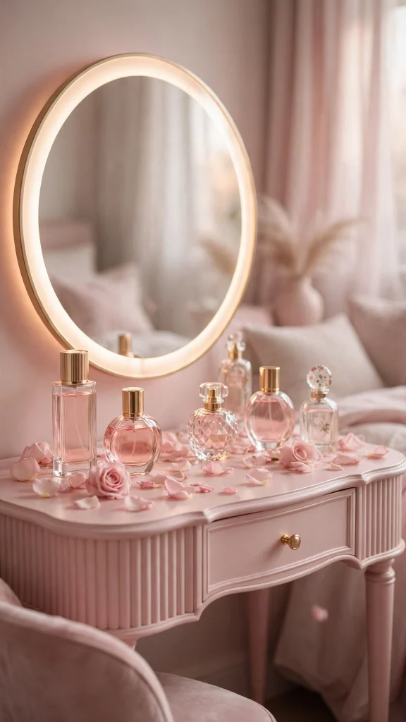 17 Best Wallpaper Iphone Pink Aesthetic Ideas 14 Blush pink vanity with perfume bottles and glowing mirror