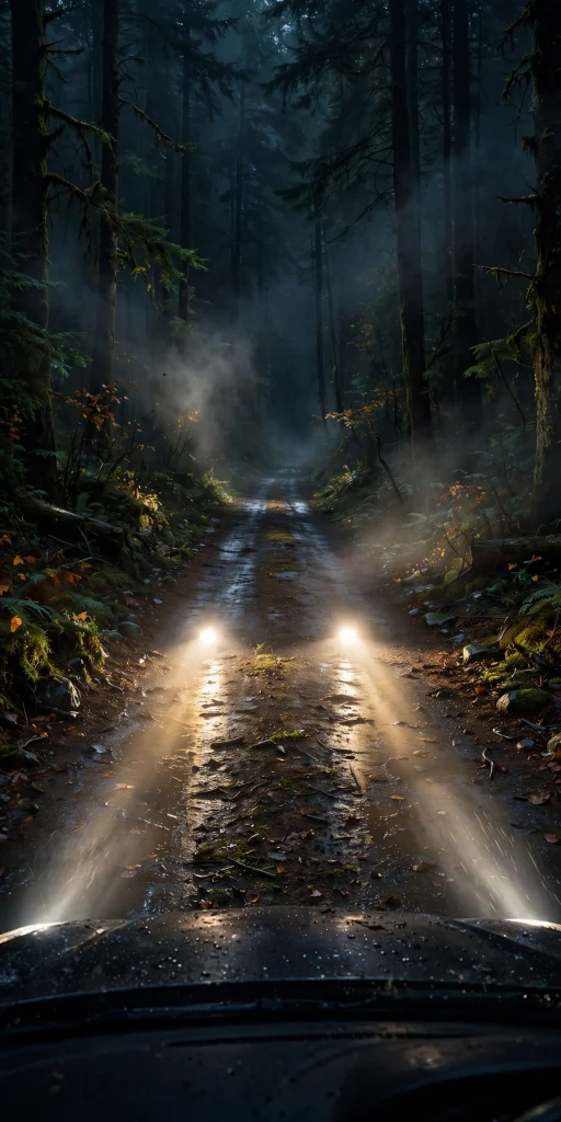 Dark forest road at night with car headlight glow