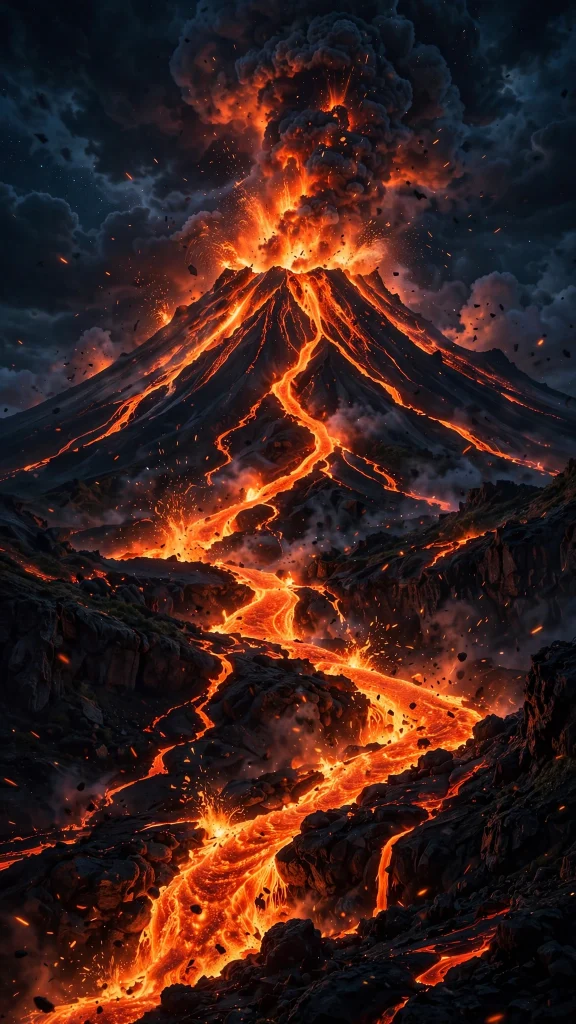 Volcano erupting with glowing lava at night