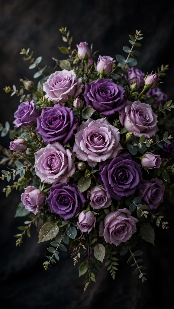 Purple roses bouquet with lavender and violet blooms