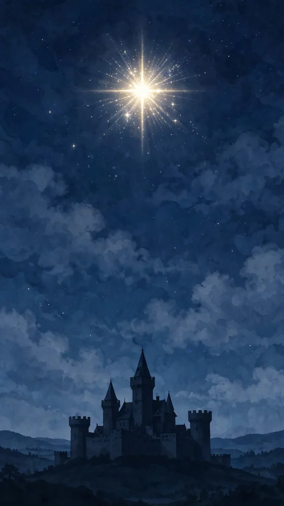 Bright wishing star above a castle silhouette at midnight