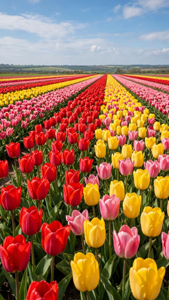 Rows of colorful tulips under a blue sky