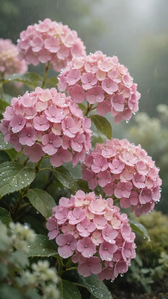 Pink hydrangeas with dewdrops in soft morning rain