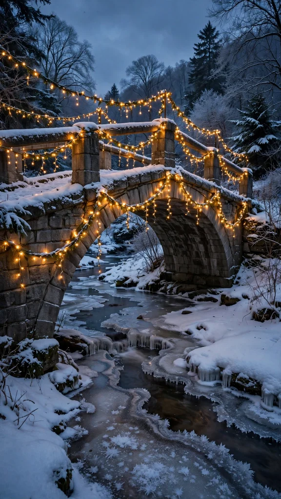 17 wallpaper iphone christmas Ideas 16 Snowy stone bridge decorated with Christmas lights wallpaper