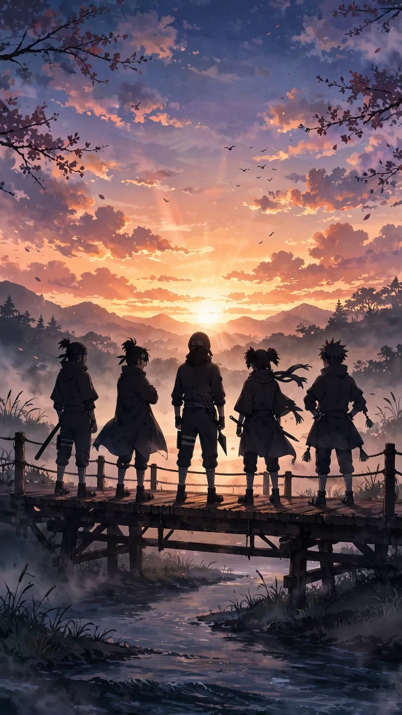 anime team young ninjas bridge sunset naruto wallpaper