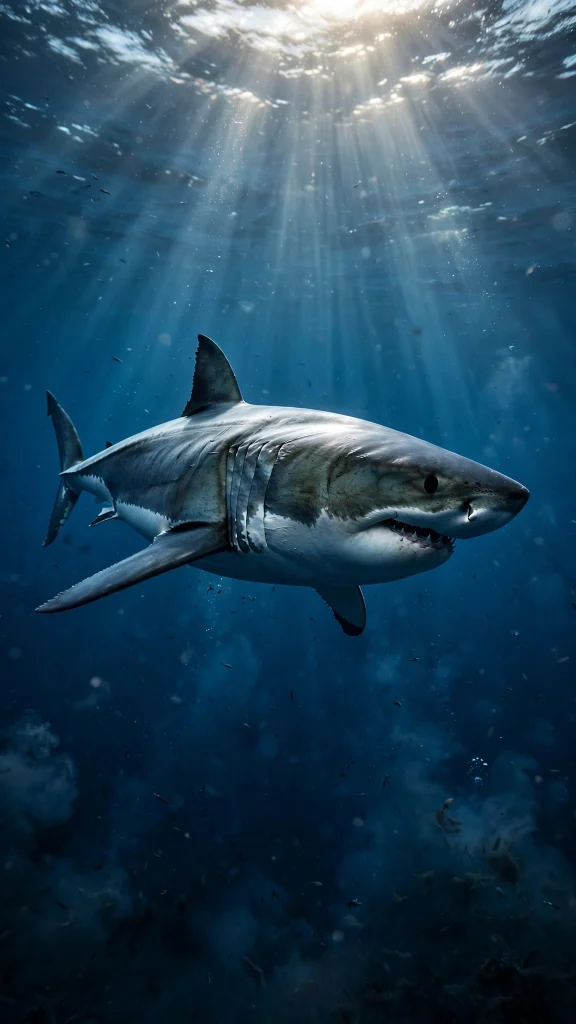 Great white shark in deep ocean wallpaper